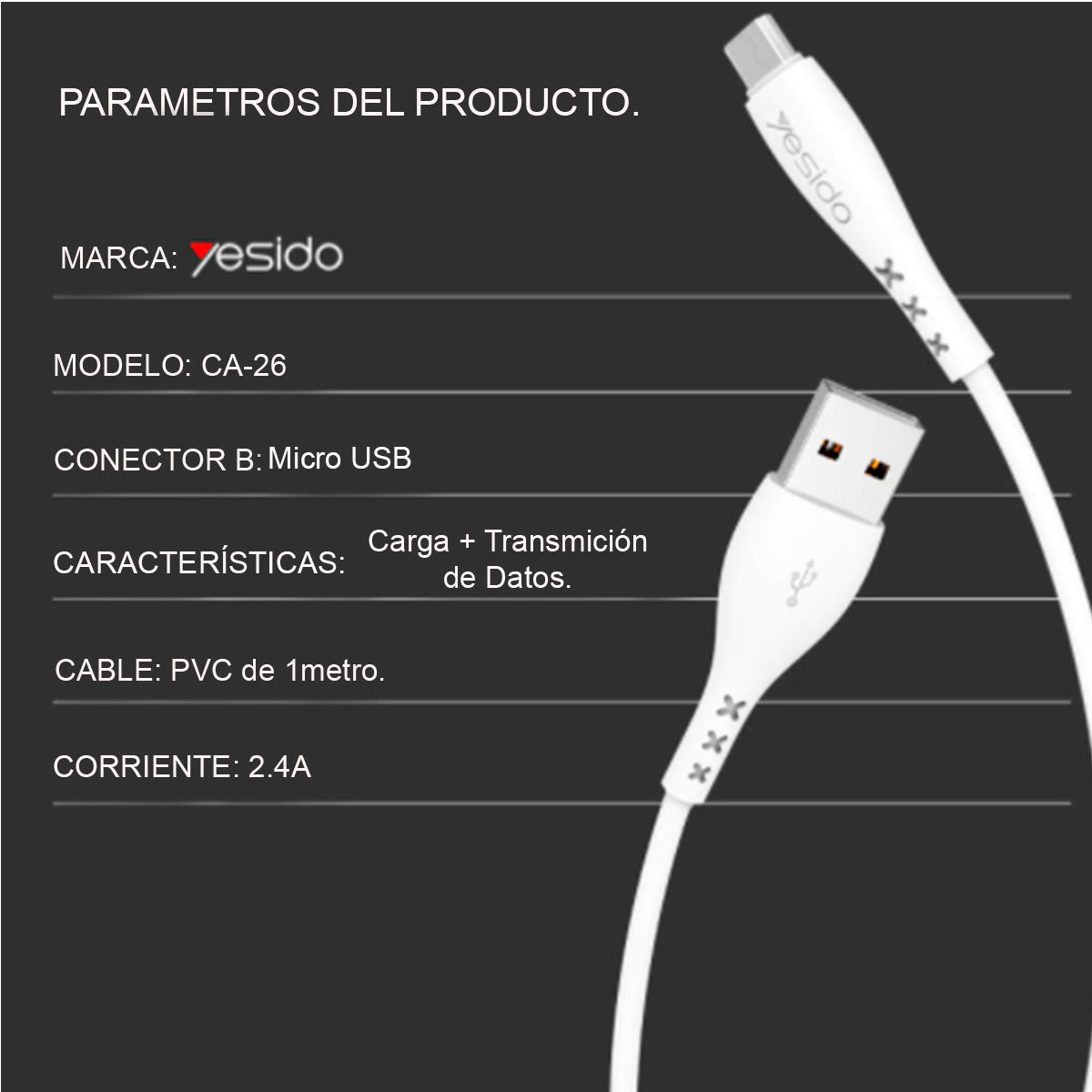 Cable Yesido Ca-26 Usb A Micro 2.4 A 1 Metro