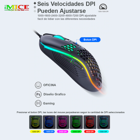 Mouse Gamer Premium Imice T98 Rgb 7200 Dpi Honeycomb Usb
