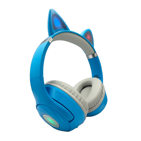 Audifonos Bluetooth Inalámbrico Niños Luz Led Oreja Gato azul