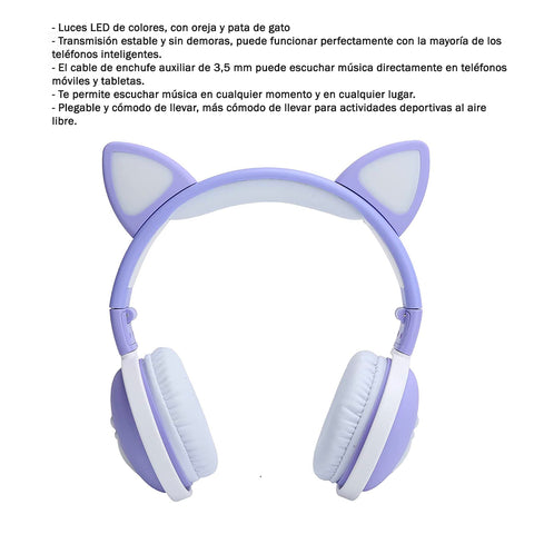Audifonos Bluetooth Inalámbrico Niños Lila Led Gato