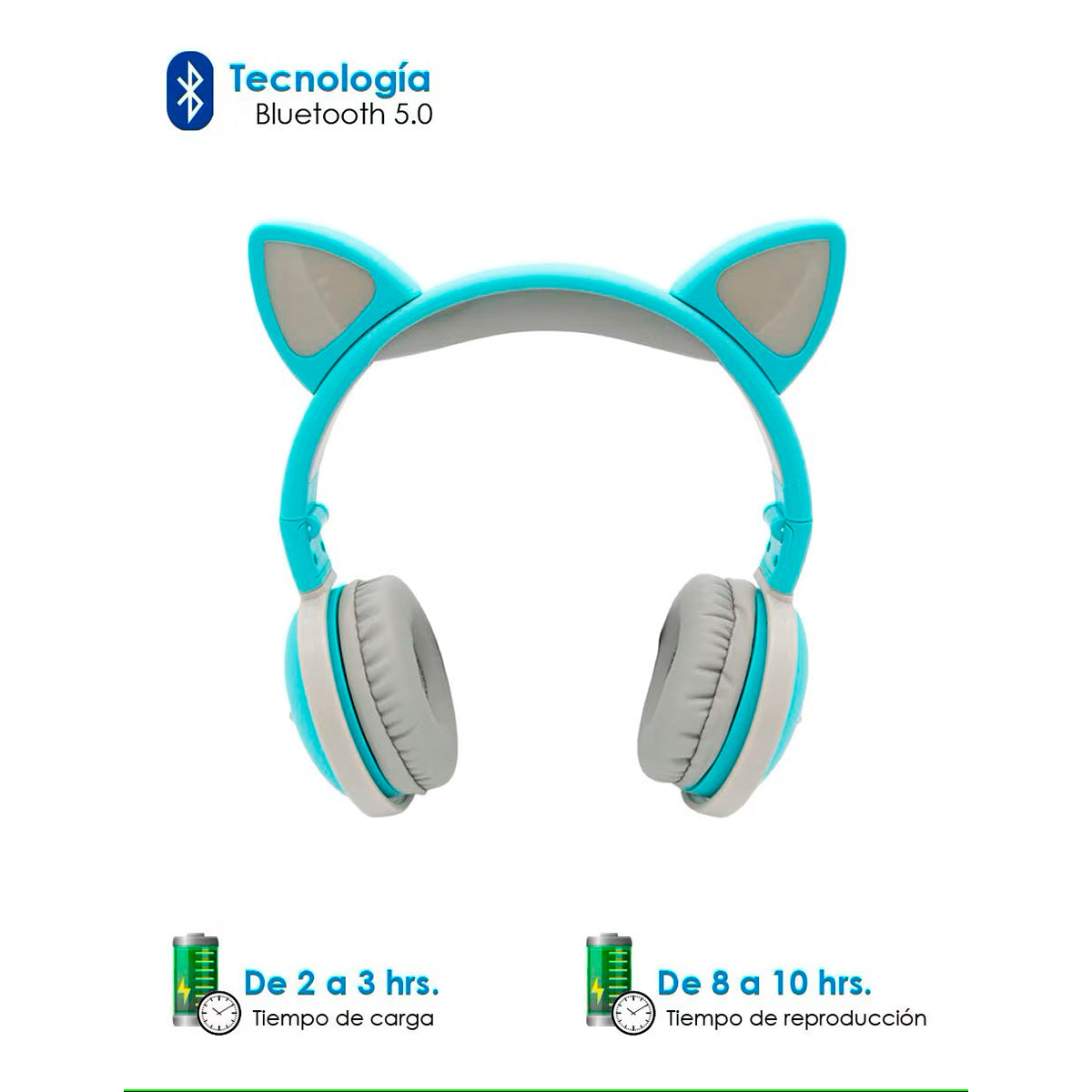 Audifonos Bluetooth Inalámbrico Niños Verde Led Gato